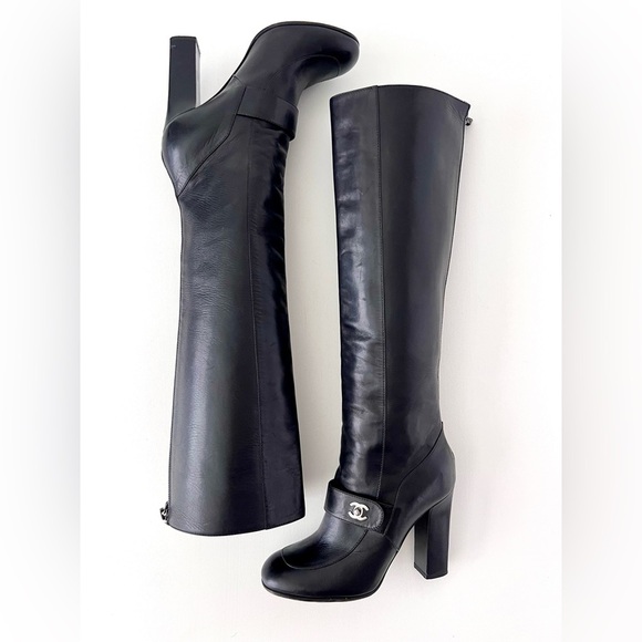 CHANEL | Black Leather Knee High Heel Boots CC Logo Turnlock EU 37 - Picture 8 of 15